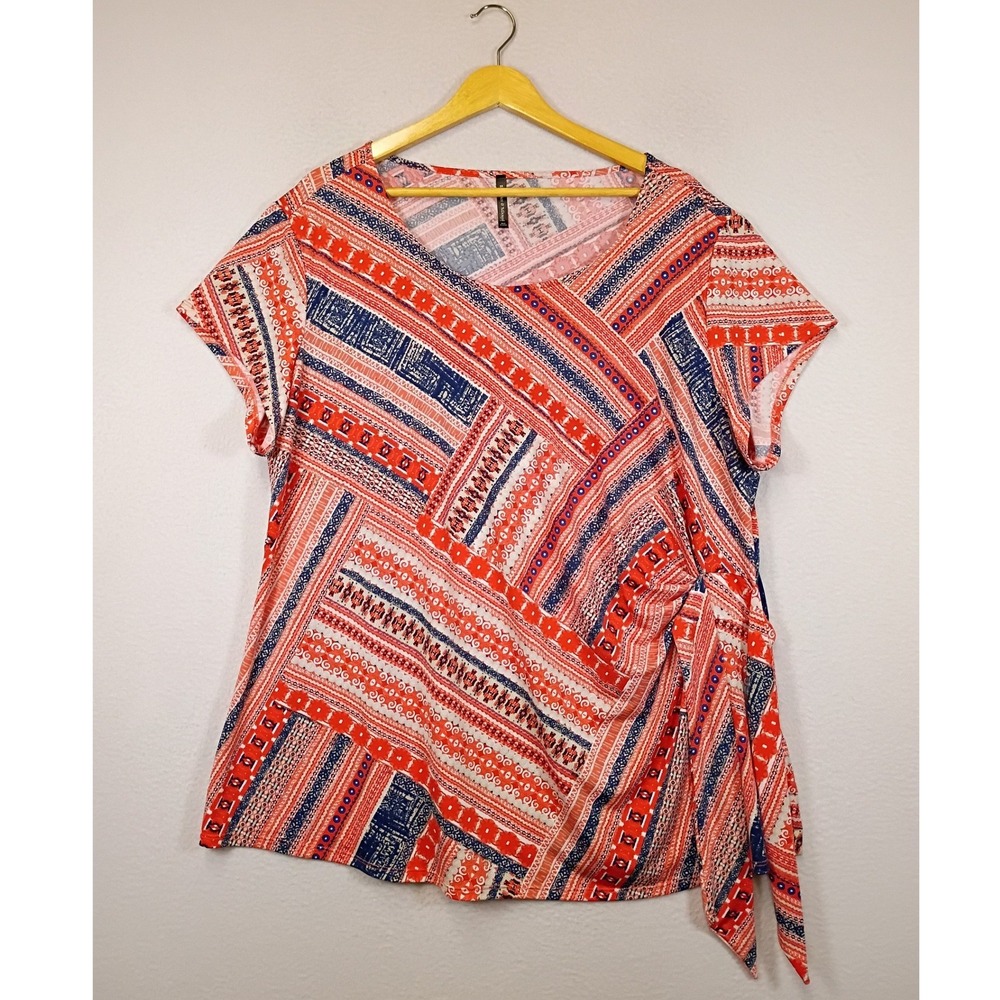 Boho Tribal Bleeker & McDougal Womens 3X Red Blue Geometric Side Tie Top W31319F